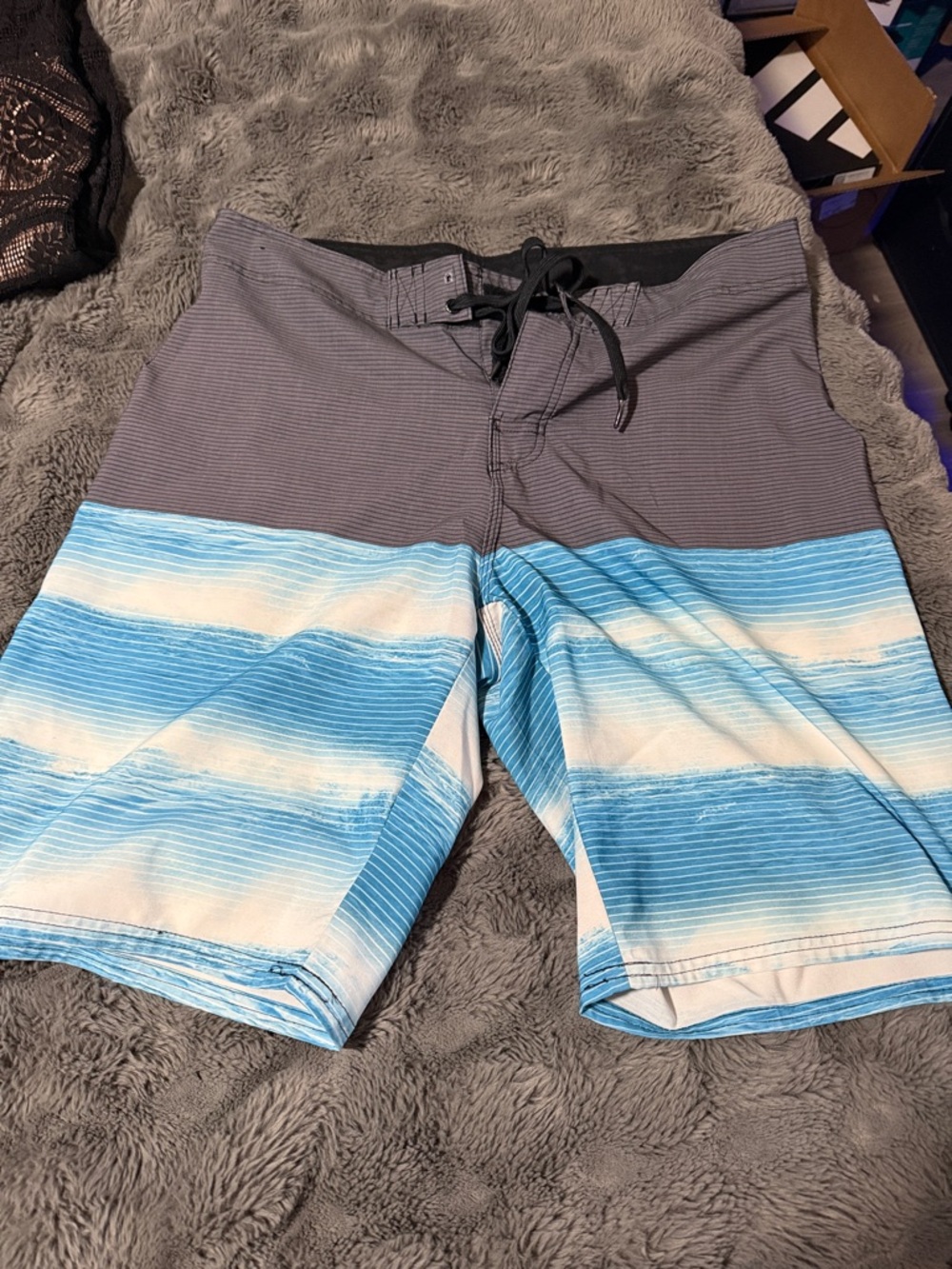 Hang Ten Gray and Light Blue Striped Men's Swim Trunks - Picture 1 of 7